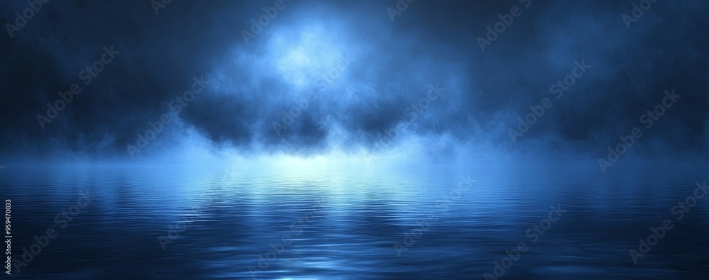 Dark blue water surface with fog and light reflection in the distance. Dark blue water surface with fog and light reflection in the distance.