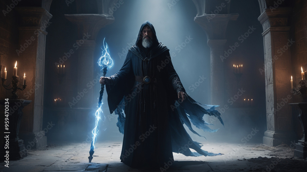 In the grand hall of a crumbling, haunted castle, a sorcerer with a long beard and a hooded cloak raises his magical staff, which crackles with blue energy. The staff’s crystal tip emits a powerful, In the grand hall of a crumbling, haunted castle, a sorcerer with a long beard and a hooded cloak raises his magical staff, which crackles with blue energy. The staff’s crystal tip emits a powerful,