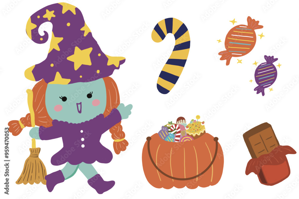 Naklejka premium Halloween cute spooky charater costumes vector - vampire, ghost, witch, pumpkins, frankenstein