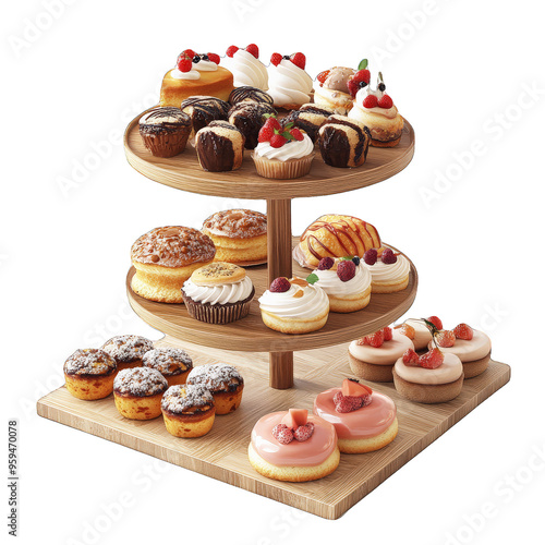 Delicious Pastry Assortment on Wooden Tiered Stand.