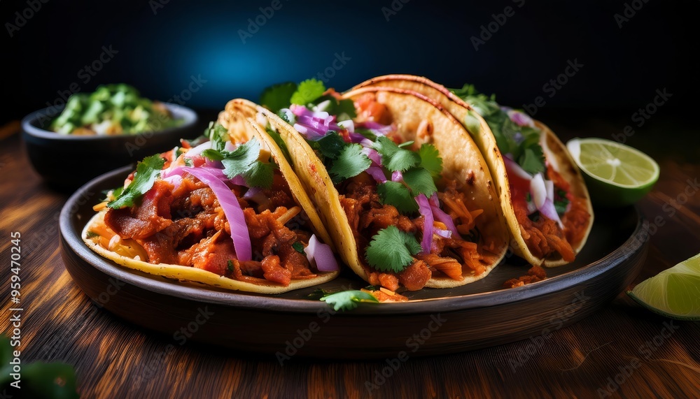 Three tacos with pulled pork red onion and cilantro on a plate with lime wedges Three tacos with pulled pork red onion and cilantro on a plate with lime wedges
