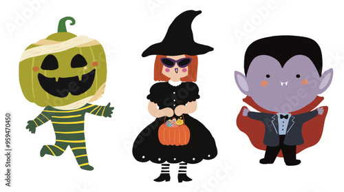 Halloween cute spooky charater costumes vector - vampire, ghost, witch, pumpkins, frankenstein