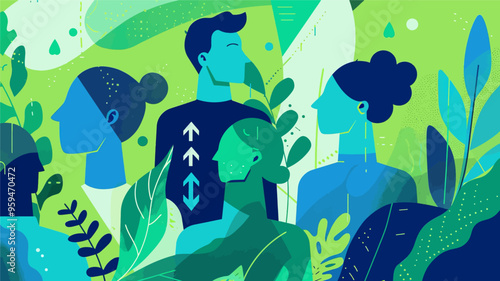 People in a lush green environment with arrows and plants