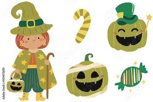 Halloween cute spooky charater costumes vector - vampire, ghost, witch, pumpkins, frankenstein