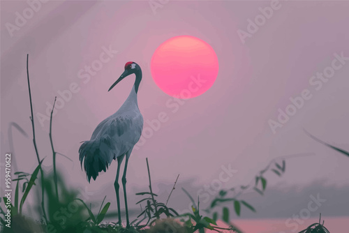 Pink Sunset Silhouette of a Bird in a Marshland