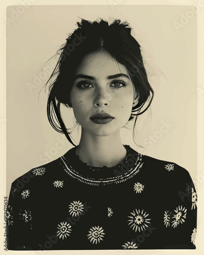 Portrait of a woman with dark hair and a black top featuring a floral pattern
