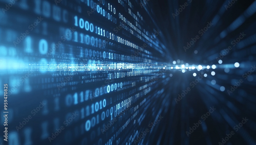 Fototapeta premium Abstract digital background with binary code in blue and white, with a perspective that appears to recede into the distance.