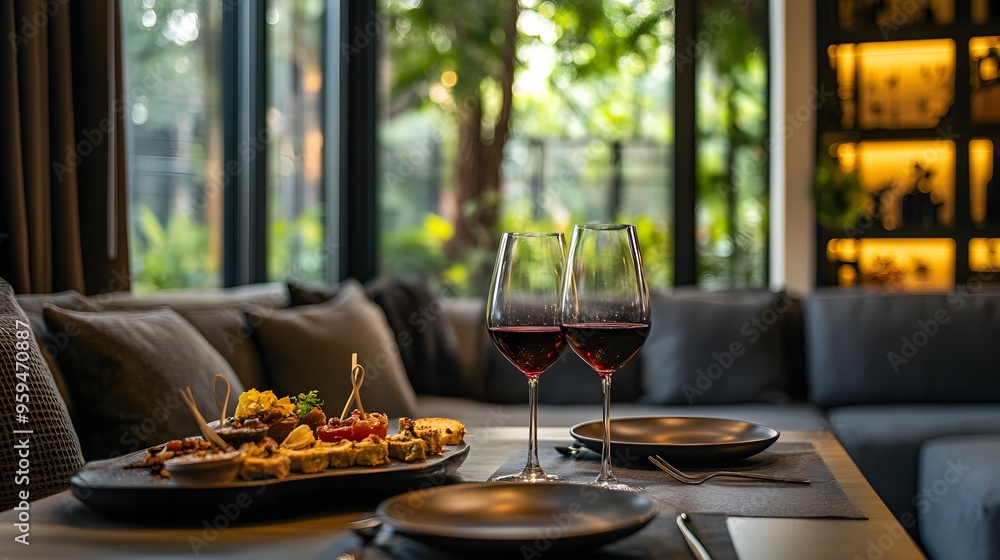 Fototapeta premium A cozy lounge with wine glasses and tapas plates on a luxurious table