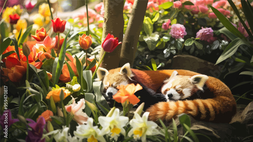 Red Panda Napping in a Vibrant Flower Garden