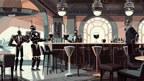 Robotic Bar Patrons Enjoying Wine and Conversation