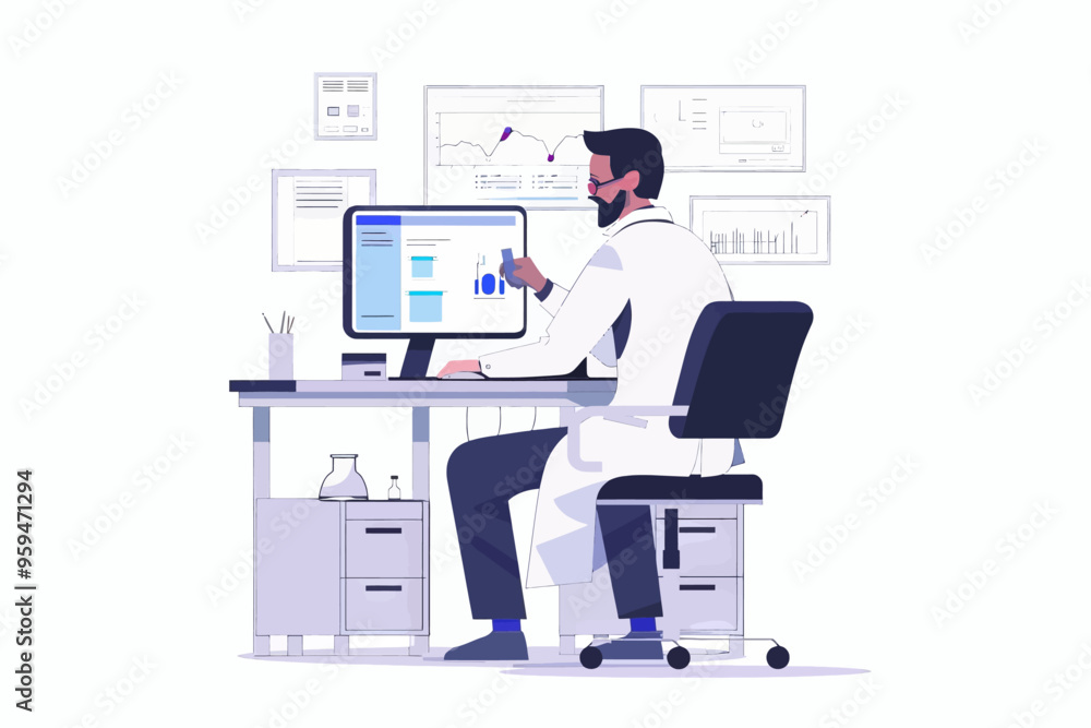 Scientist in lab coat working on computer Scientist in lab coat working on computer