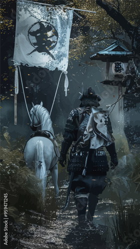 Samurai on Horseback in a Forest