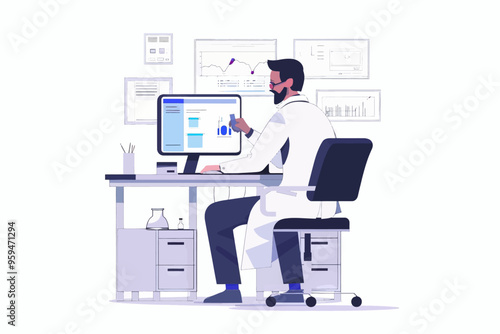 Scientist in lab coat working on computer