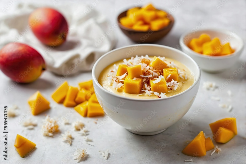 Mango Pudding: Overhead view of a small white bowl filled with creamy mango pudding, topped with a few fresh mango cubes and a sprinkle of shredded coconut Mango Pudding: Overhead view of a small white bowl filled with creamy mango pudding, topped with a few fresh mango cubes and a sprinkle of shredded coconut
