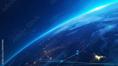 Abstract digital planet Earth with glowing global network connections, blue frosted glass and white acrylic elements, set against a clean dark background. High-detail 8K rendering with data visualizat photo