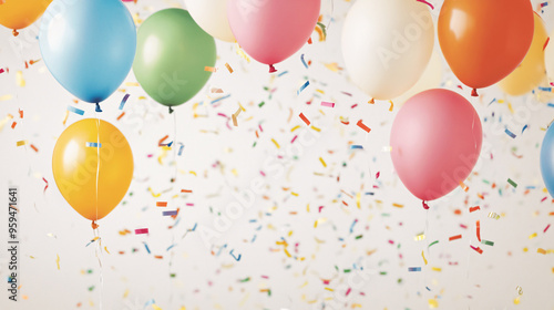A birthday party in full swing, with a vibrant mix of colorful balloons floating against a backdrop of streamers in various shades. Confetti flutters through the air, creating a dazzling visual