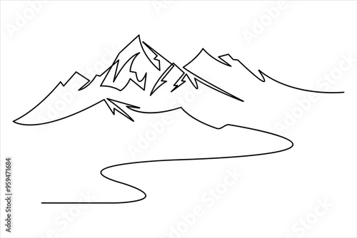  One continuous line drawing of mountain design outline vector