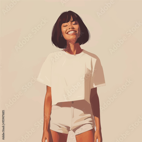 Smiling Woman with Short Hair and White Shirt, Standing in Sunlight