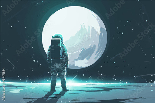 Space Exploration: Astronaut Standing in Front of a Large Moon photo