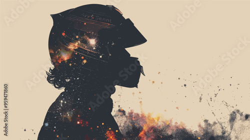 Space Exploration: Astronaut's Helmet and Starburst Background