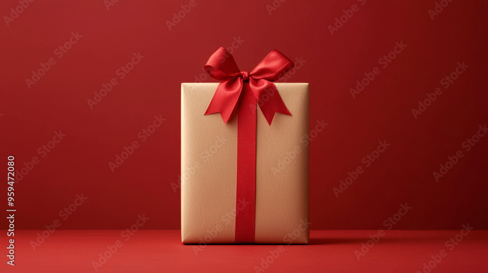 A beautifully wrapped gift in gold paper with a red ribbon, standing elegantly against a matching red background for a classic holiday look. A beautifully wrapped gift in gold paper with a red ribbon, standing elegantly against a matching red background for a classic holiday look.