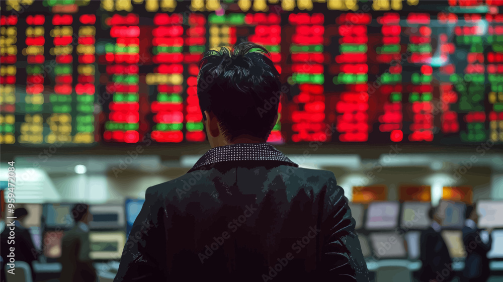 Stock Market Trading Floor: A Man's Back View of the Ticker Tape Wall Stock Market Trading Floor: A Man's Back View of the Ticker Tape Wall