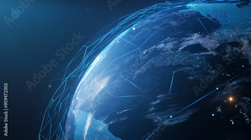 Abstract digital planet Earth with glowing global network connections, blue frosted glass and white acrylic elements, set against a clean dark background. High-detail 8K rendering with data visualizat photo