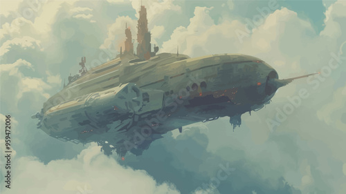 Spacecraft in flight with cityscape in the background