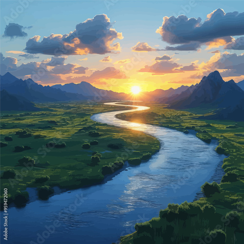 Spectacular Sunset Over a Winding River in a Mountainous Landscape