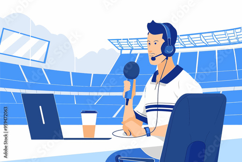 Sports Commentator in Studio with Headphones and Microphone