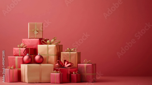 A stack of Christmas presents in red and gold wrapping with sparkling ribbons, arranged against a bold red background for a luxurious holiday scene.