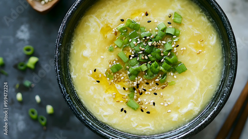 bowl of silky egg drop soup, garnished with chopped scallions and a drizzle of sesame oil photo