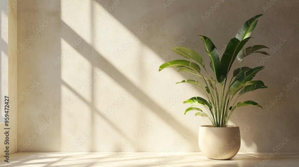 A large green plant in a cream-colored pot sits on a wooden floor in front of a textured white wall with light streaming through a window. A large green plant in a cream-colored pot sits on a wooden floor in front of a textured white wall with light streaming through a window.