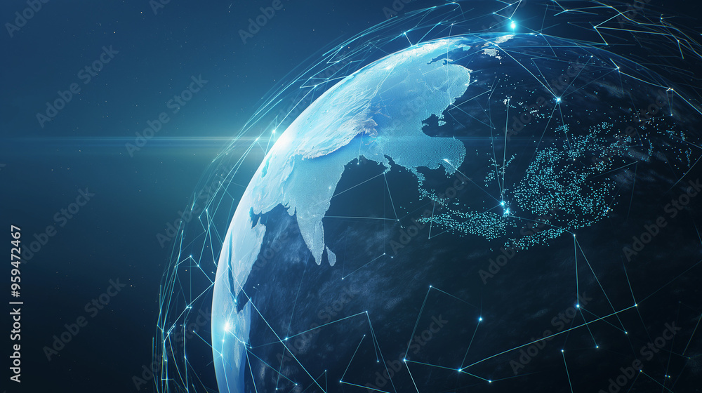Abstract digital planet Earth with glowing global network connections, blue frosted glass and white acrylic elements, set against a clean dark background. High-detail 8K rendering with data visualizat Abstract digital planet Earth with glowing global network connections, blue frosted glass and white acrylic elements, set against a clean dark background. High-detail 8K rendering with data visualizat