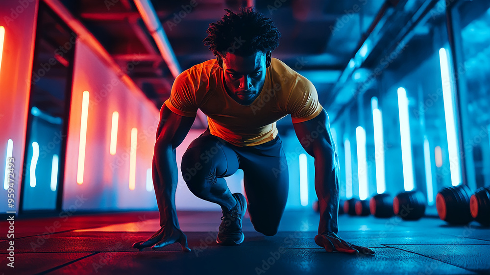 Fototapeta premium A man performing a high-intensity interval training workout in a spacious urban studio with vibrant colors and energetic atmosphere