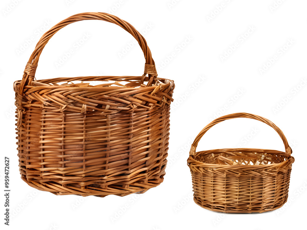 Wicker rattan basket for picnic isolated on transparent, collage Wicker rattan basket for picnic isolated on transparent, collage