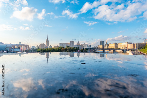 Canvas Print View of Berezhkovskaya Embankment in Moscow with reflection on a mirror stone su