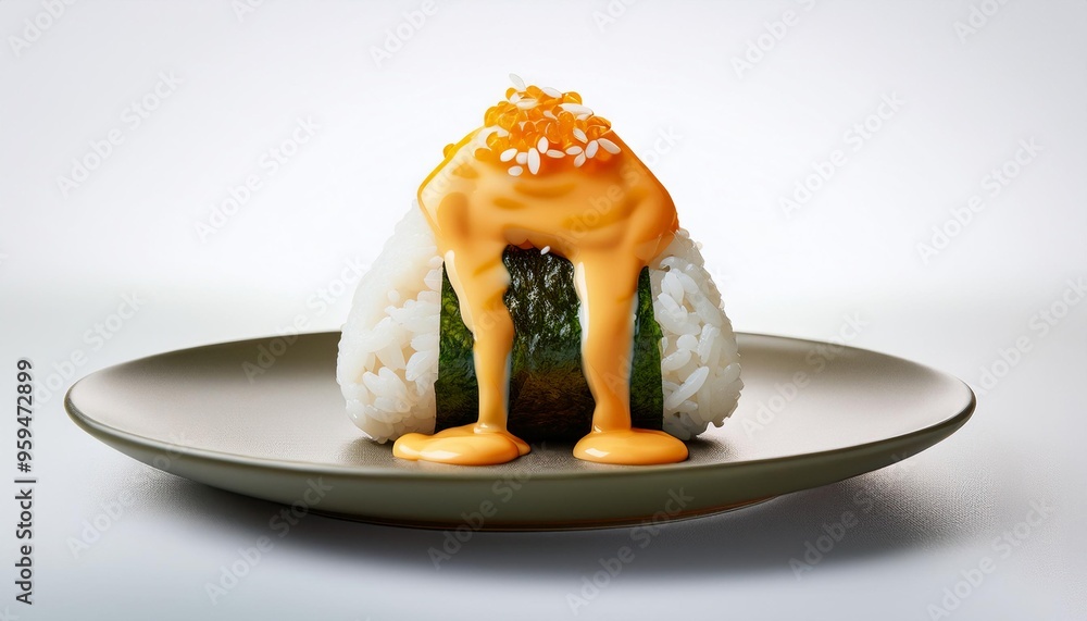 Onigiri with cheese sauce on white background isolated Onigiri with cheese sauce on white background isolated