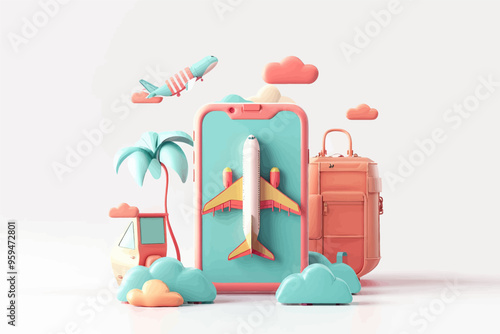 Travel-themed illustration with airplane, suitcase, and clouds