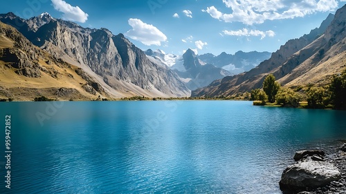 Serene Beauty of Iskanderkul Lake in Tajikistan amidst Turquoise Waters and Majestic Mountains photo