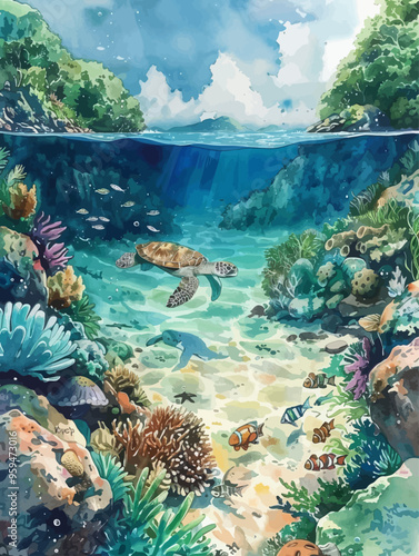 Underwater Paradise: A Vibrant Coral Reef Scene with Turtles, Fish, and Corals