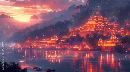 Waterfront City Lights at Sunset Illustration