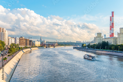 Canvas Print View of Berezhkovskaya Embankment in Moscow with reflection on a mirror stone su