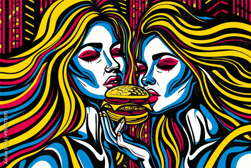 Vibrant Artwork of Two Women with Big Hair and a Burger photo