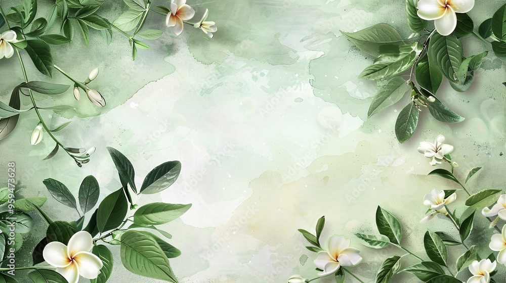 07250736 206. A delicate spring background featuring a frame of lush, green jasmine leaves surrounding the edges, with soft, white jasmine flowers scattered throughout, all rendered in a watercolor 07250736 206. A delicate spring background featuring a frame of lush, green jasmine leaves surrounding the edges, with soft, white jasmine flowers scattered throughout, all rendered in a watercolor