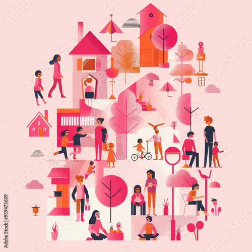 Vibrant Community Life: A Colorful Illustration of People and Houses in a Pink and Orange Palette