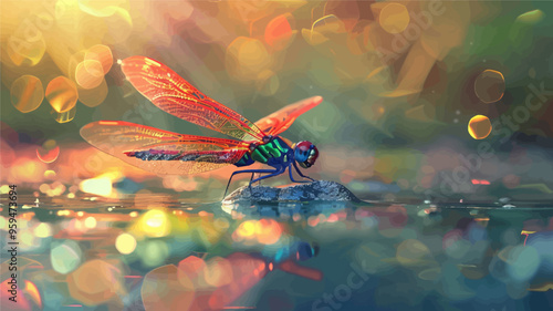 Vibrant dragonfly perched on rock in water, with bokeh background