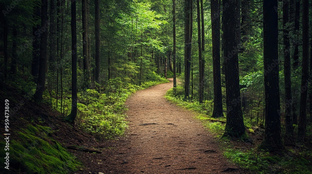 Winding Forest Path with Sunlight Dappling Through Trees Winding Forest Path with Sunlight Dappling Through Trees