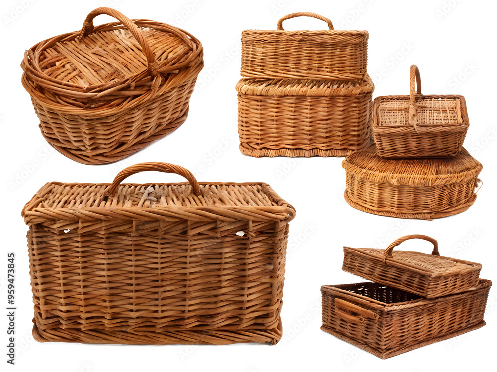 Wicker rattan basket for picnic isolated on transparent, collage Wicker rattan basket for picnic isolated on transparent, collage