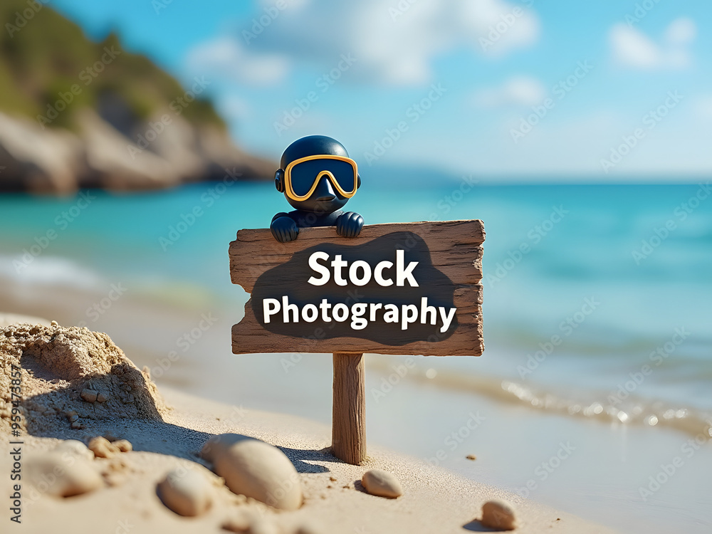 Obraz premium Small Cute Little Scuba Diving Character On A Wooden Sign On The Beach Sand That says “Stock Photography” Waves Soft Sand Palm Trees